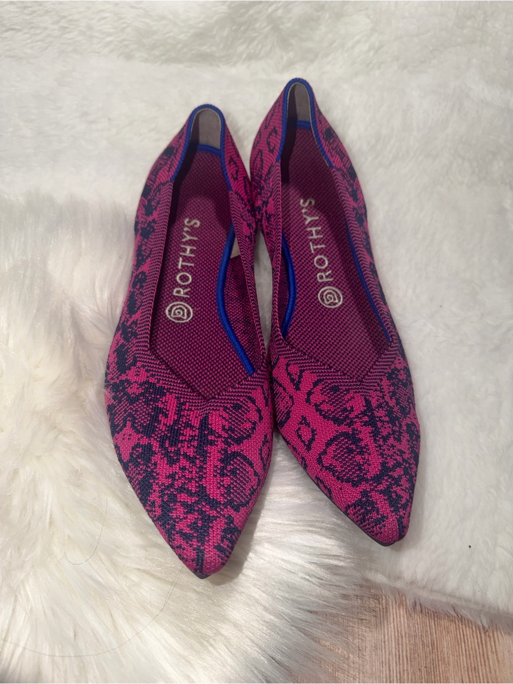 Rothy's The Point flats  in the discontinued "Fuchsia Navy Snake" pattern